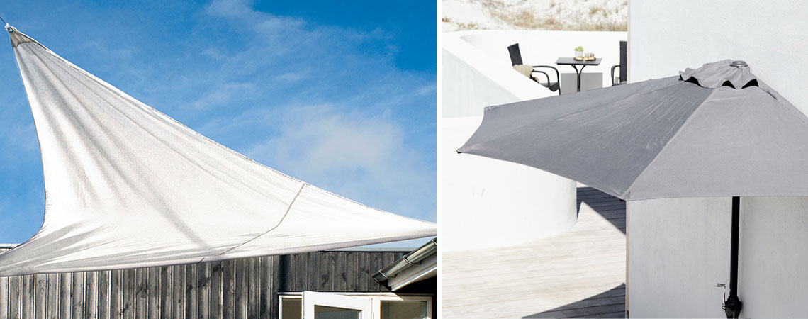 Zwei verschiedene Möglichkeiten, eine überdachte Terrasse oder einen Balkon zu bekommen - mit einem Sonnensegel oder einem Sonnenschirm