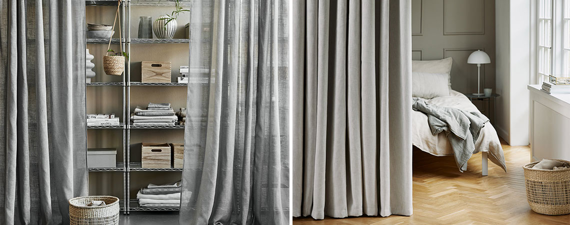 Transparenter Vorhang vor einem Regal und ein Vorhang in Beige vor einem Bett