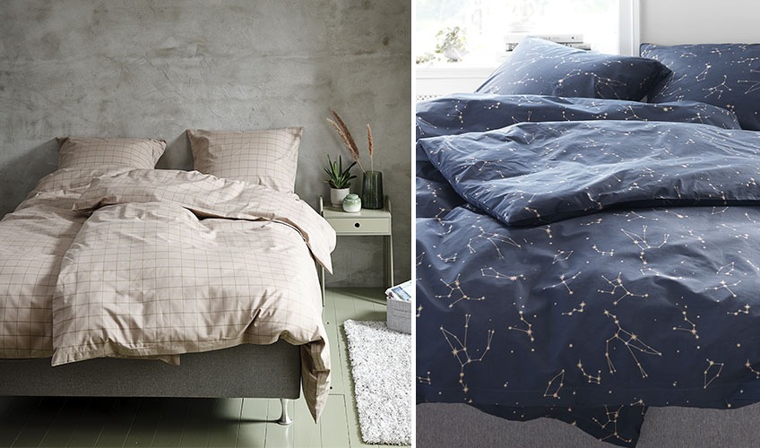 Khakifarbene Bettwäsche und SIRI dunkelblaue Bettwäsche Ein Schlafzimmer mit khakifarbener Bettwäsche und eines mit blauer Bettwäsche